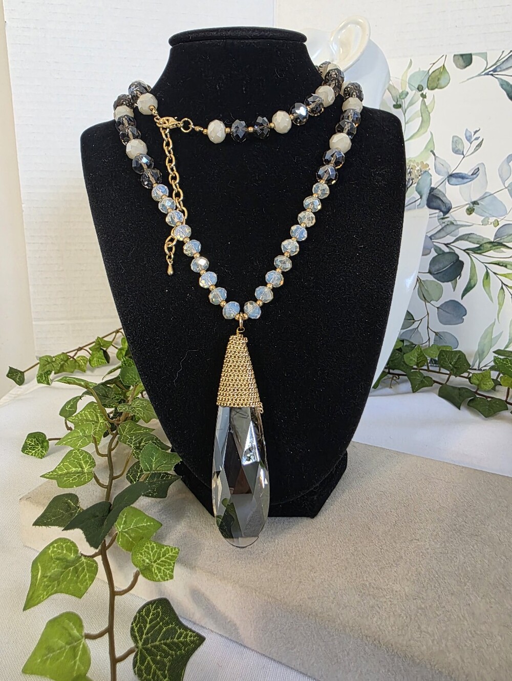 Smoky Quartz Glass Faceted Teardrop Pendant Beaded Long Necklace Gold Tone